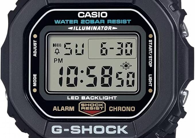 Casio G-Shock DW-5600UE-1 square digital watch, black resin case and strap, showing the grey LCD with LED BACKLIGHT printed below the display